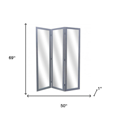69" Black Wood and Mirrored Glass Folding Three Panel Screen Room Divider