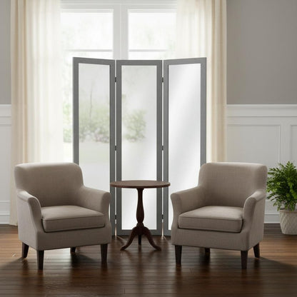 69" Black Wood and Mirrored Glass Folding Three Panel Screen Room Divider