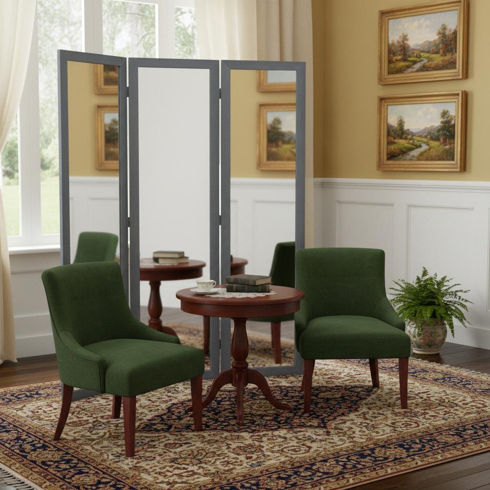 69" Black Wood and Mirrored Glass Folding Three Panel Screen Room Divider