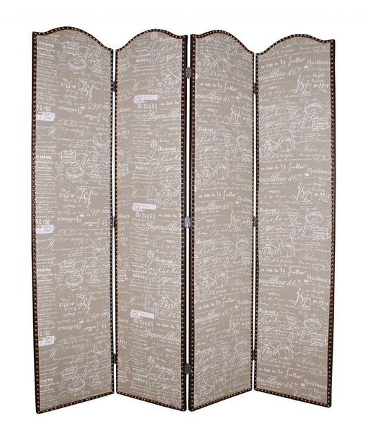 84" Tan Fabric Folding Four Panel Screen Room Divider