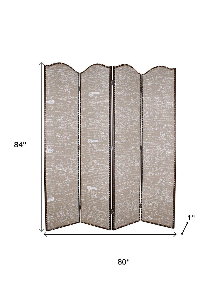 84" Tan Fabric Folding Four Panel Screen Room Divider