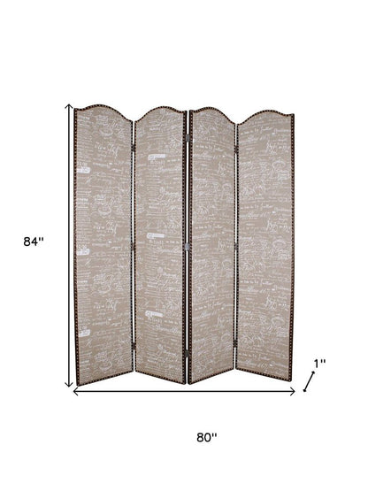 84" Tan Fabric Folding Four Panel Screen Room Divider