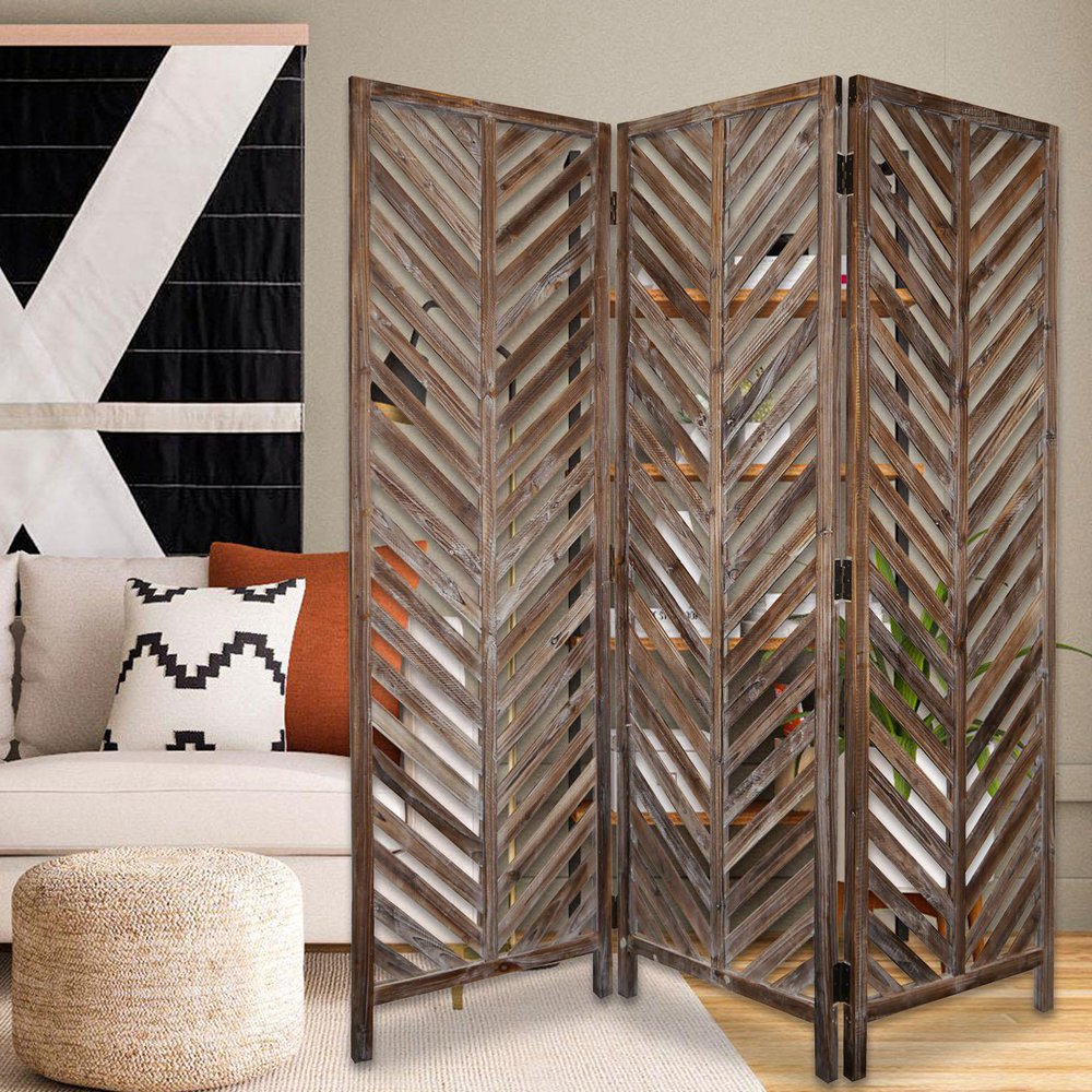 72" Brown Wood Folding Three Panel Screen Room Divider