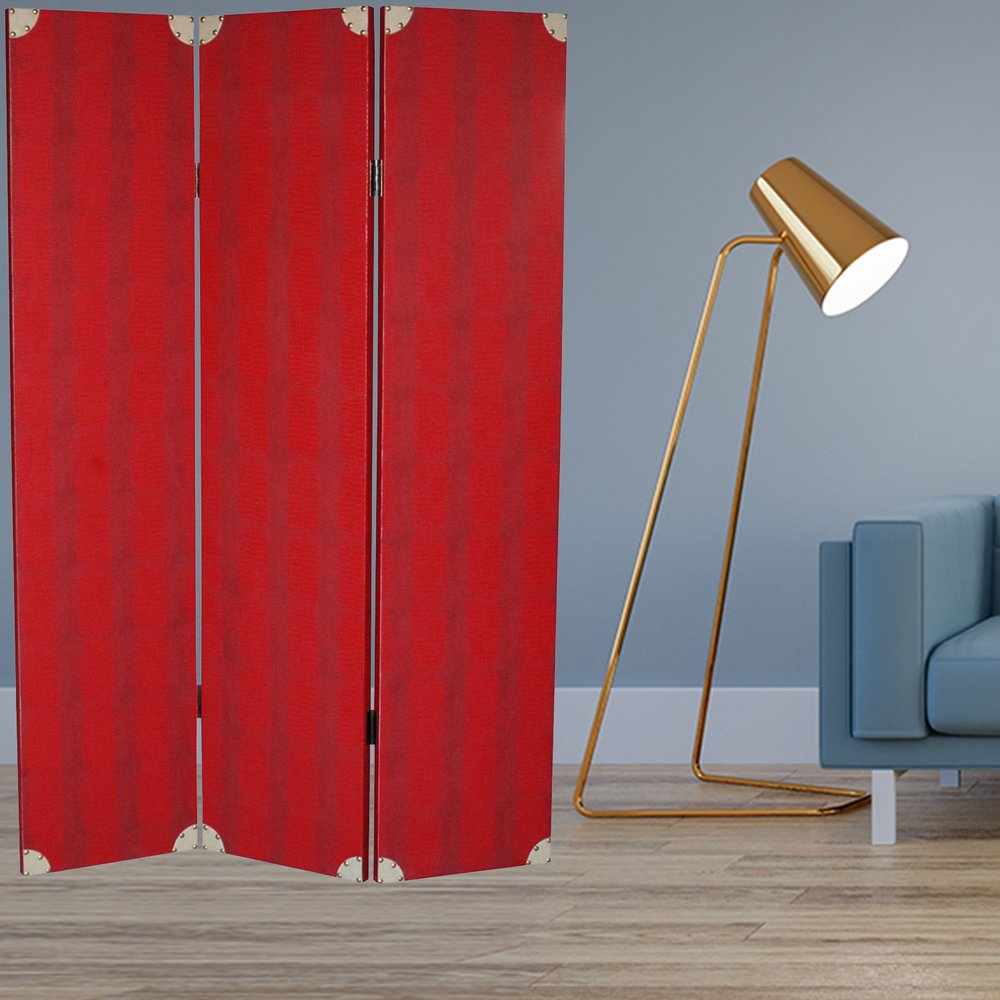 71" Red Wood Folding Three Panel Screen Room Divider