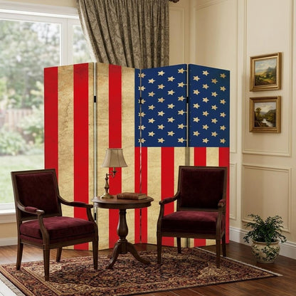 84" Red Natural And Blue American Flag Reversible Canvas Folding Four Panel Room Divider