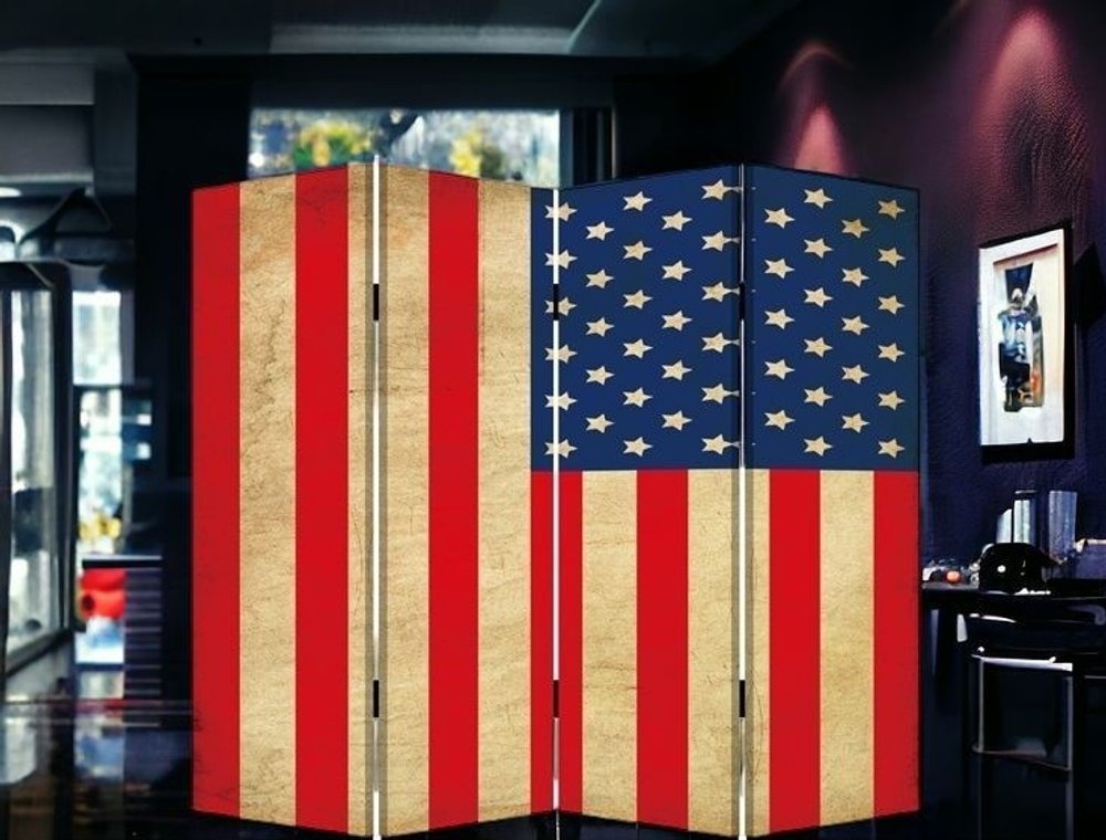 84" Red Natural And Blue American Flag Reversible Canvas Folding Four Panel Room Divider