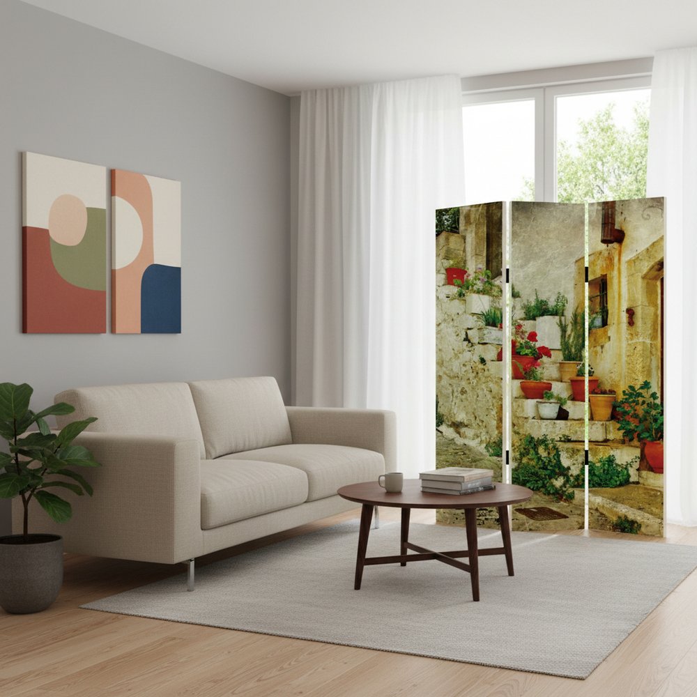 72" Beige Canvas Folding Three Panel Screen Room Divider