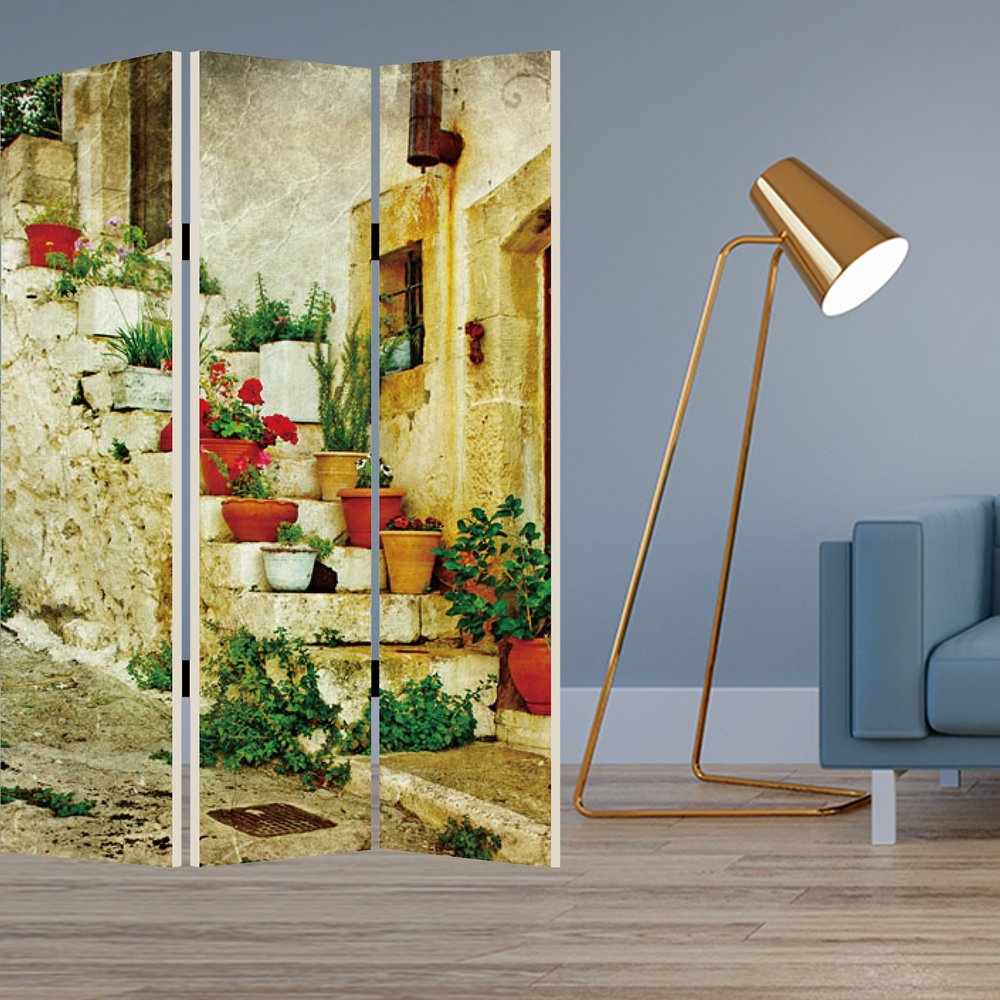 72" Beige Canvas Folding Three Panel Screen Room Divider