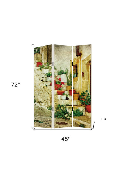 72" Beige Canvas Folding Three Panel Screen Room Divider