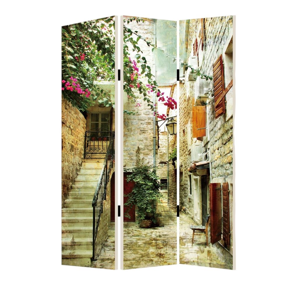 72" Beige Canvas Folding Three Panel Screen Room Divider