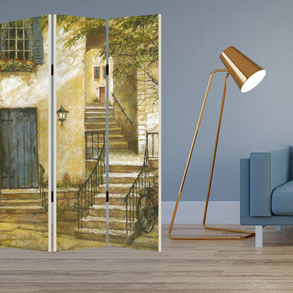 72" Beige Canvas Folding Three Panel Screen Room Divider