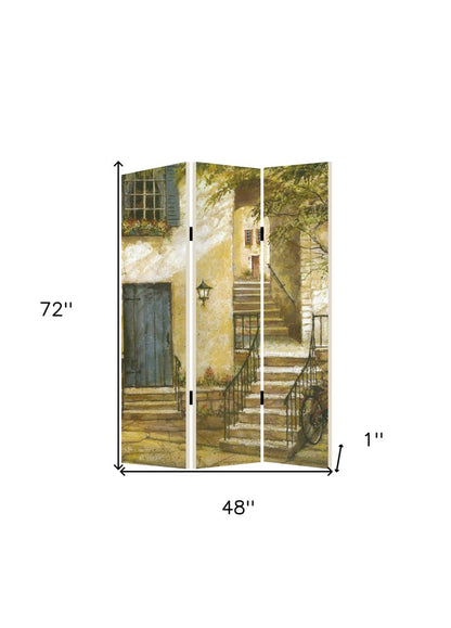 72" Beige Canvas Folding Three Panel Screen Room Divider