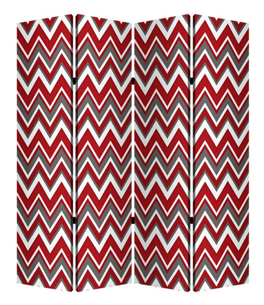 84" Red And Gray Canvas Folding Four Panel Screen Room Divider