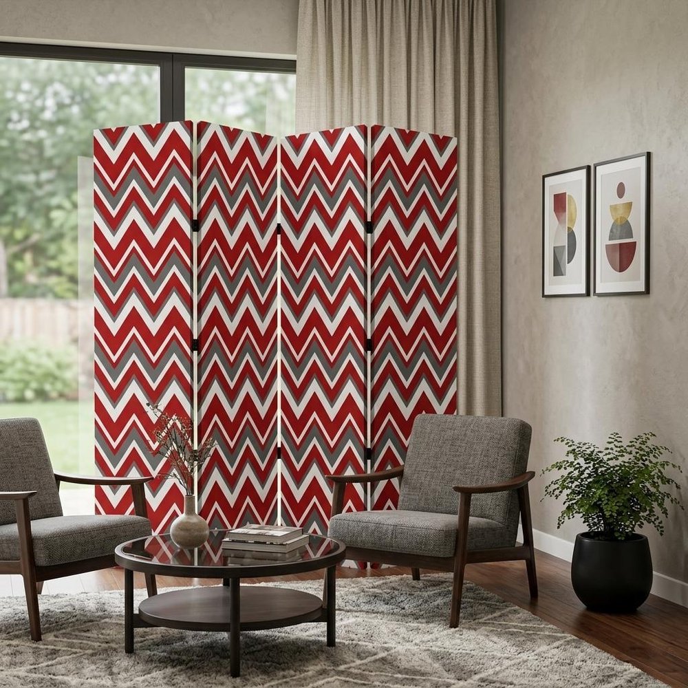 84" Red And Gray Canvas Folding Four Panel Screen Room Divider