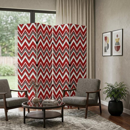 84" Red And Gray Canvas Folding Four Panel Screen Room Divider