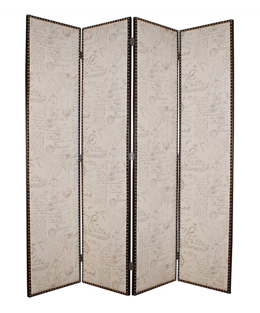 84" Tan Fabric Folding Four Panel Screen Room Divider