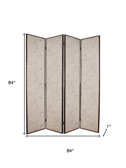 84" Tan Fabric Folding Four Panel Screen Room Divider