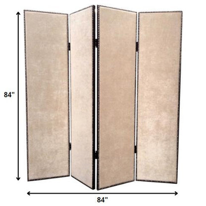 84" Tan Fabric Folding Four Panel Screen Room Divider