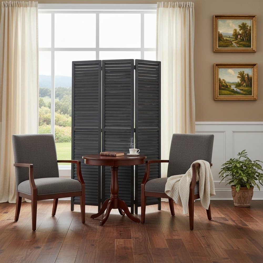 67" Black Wood Folding Three Panel Screen Room Divider