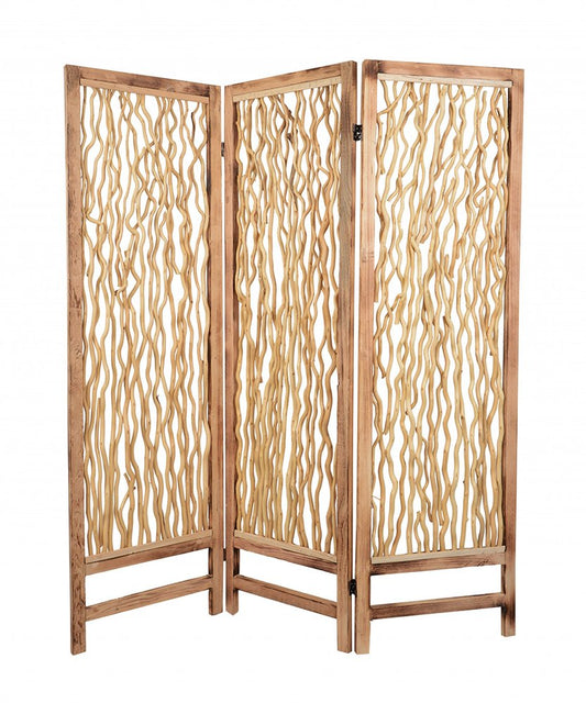 69" Brown Wood Folding Three Panel Screen Room Divider