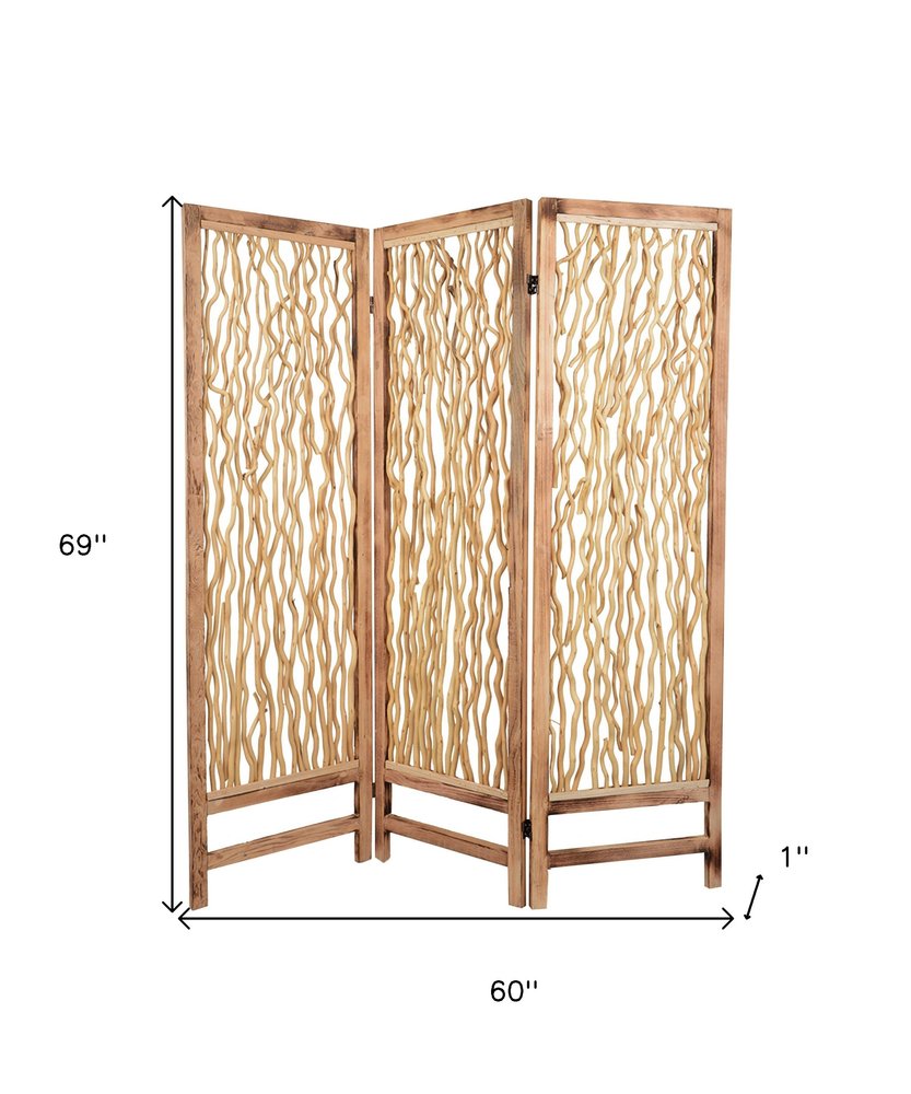 69" Brown Wood Folding Three Panel Screen Room Divider