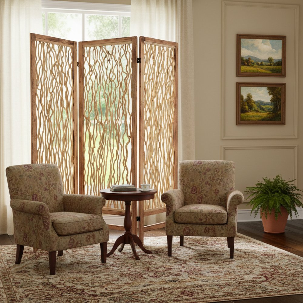 69" Brown Wood Folding Three Panel Screen Room Divider