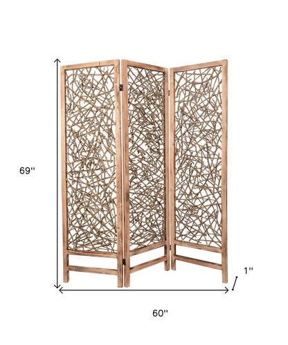 60 X 69 Brown 3 Panel Wood Foldable  Screen