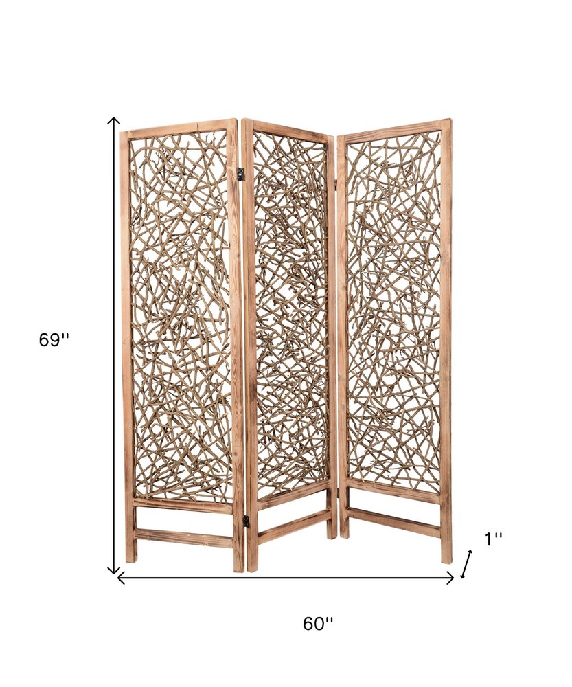 69" Brown Wood Folding Three Panel Screen Room Divider