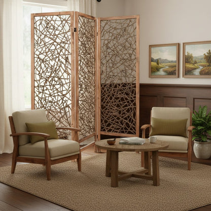 69" Brown Wood Folding Three Panel Screen Room Divider