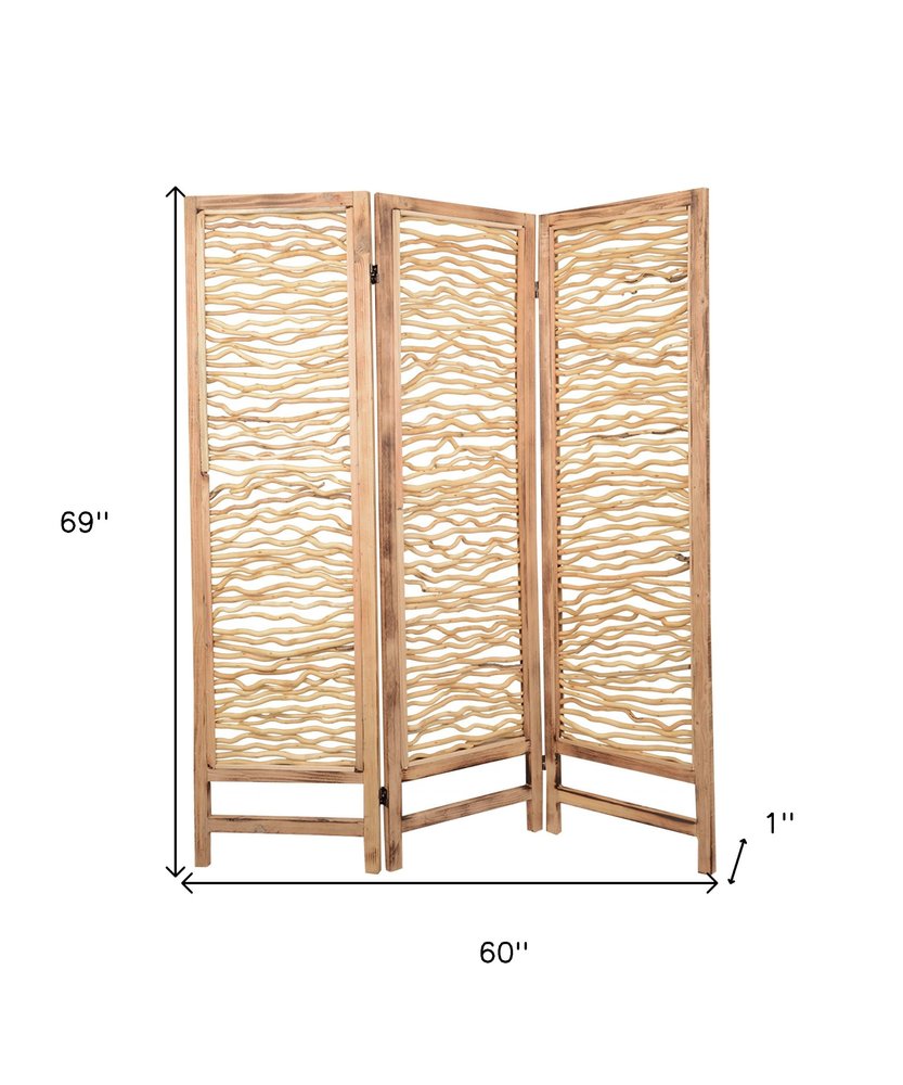 69" Brown Wood Folding Three Panel Screen Room Divider