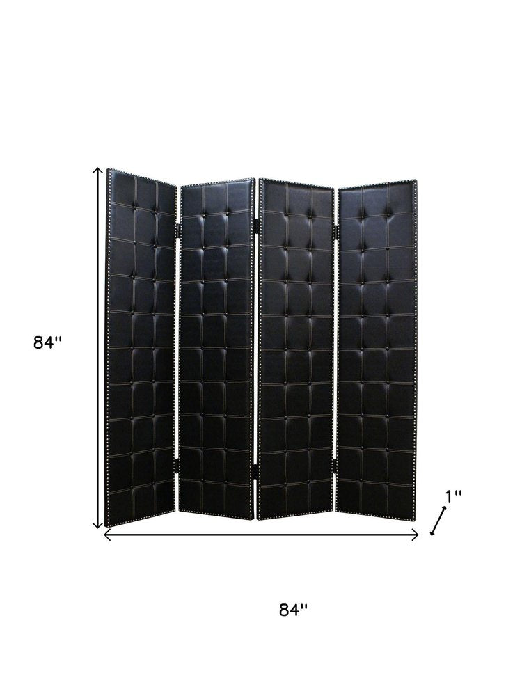 84" Black Faux Leather Folding Four Panel Screen Room Divider