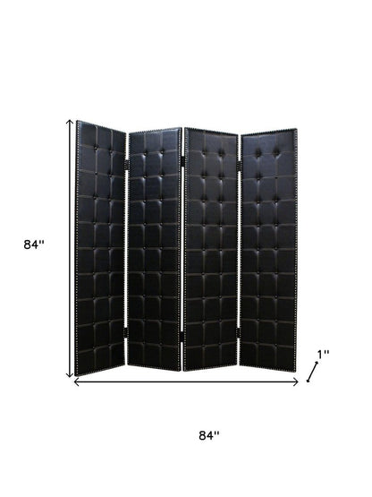 84" Black Faux Leather Folding Four Panel Screen Room Divider