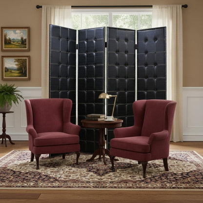 84" Black Faux Leather Folding Four Panel Screen Room Divider