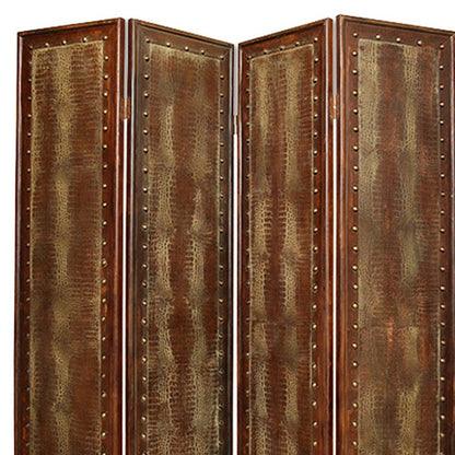 84" Brown Faux Leather Folding Four Panel Screen Room Divider