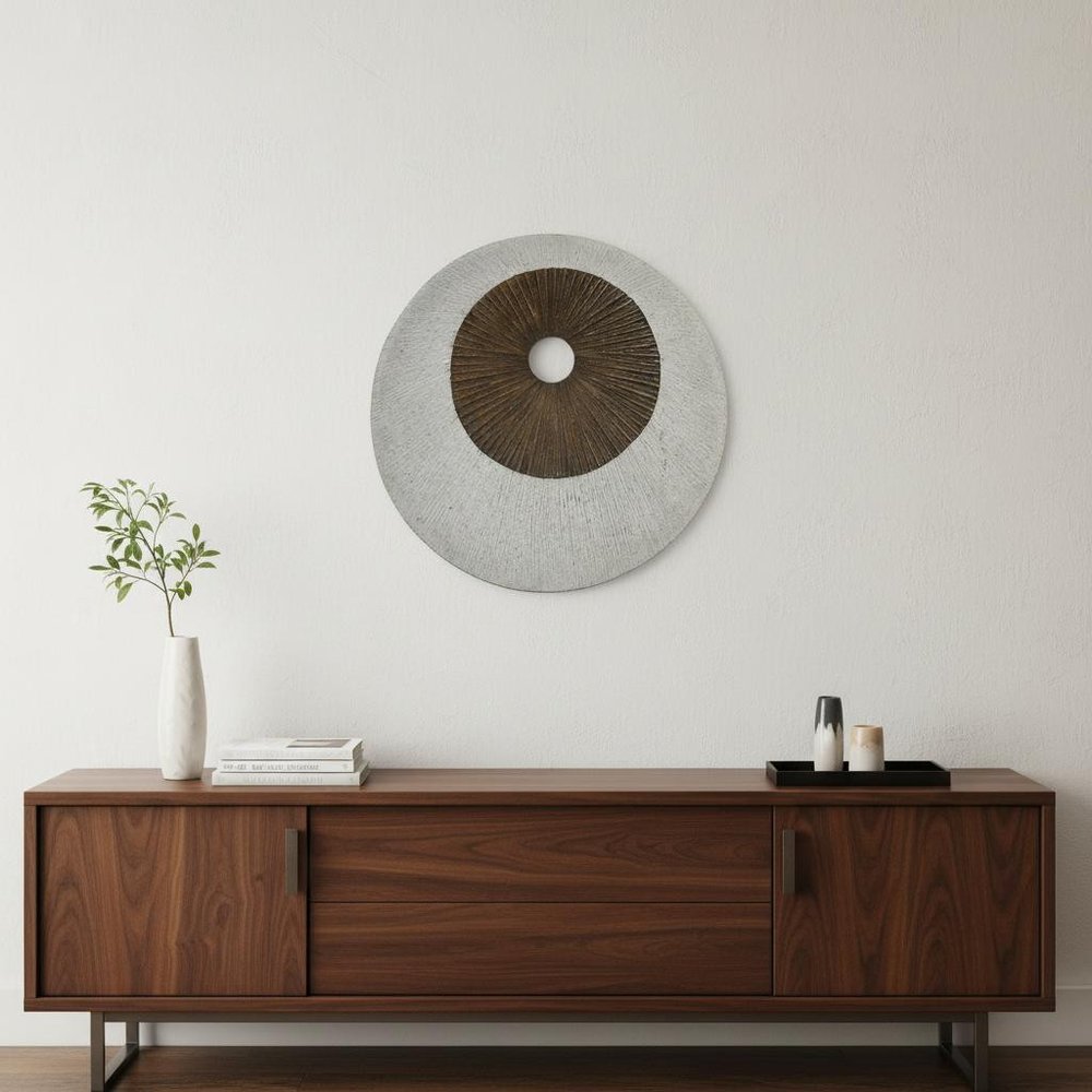27" X 27" X 3" Brown & Gray Round Double Layer Ribbed  Wall Decor