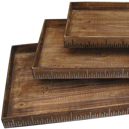 Set of Three Brown Wood Nesting Serving Trays