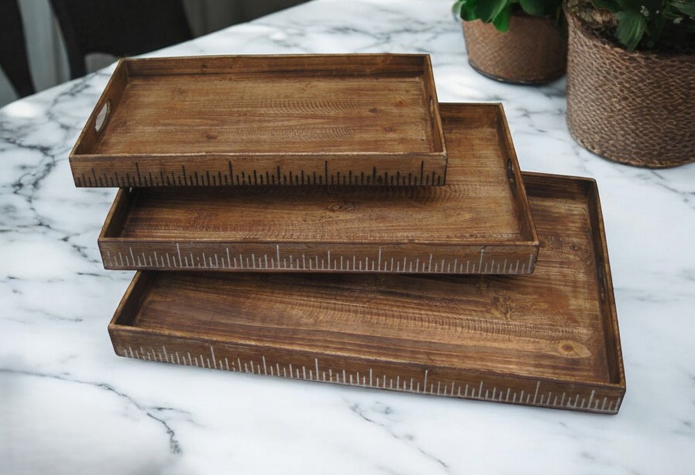 Set of Three Brown Wood Nesting Serving Trays