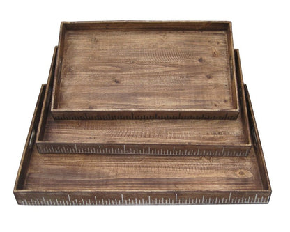 Set of Three Brown Wood Nesting Serving Trays