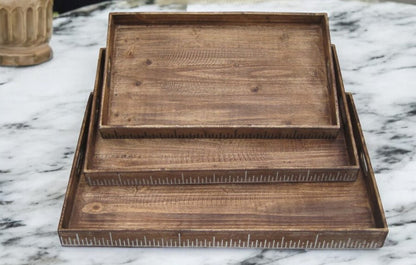 Set of Three Brown Wood Nesting Serving Trays