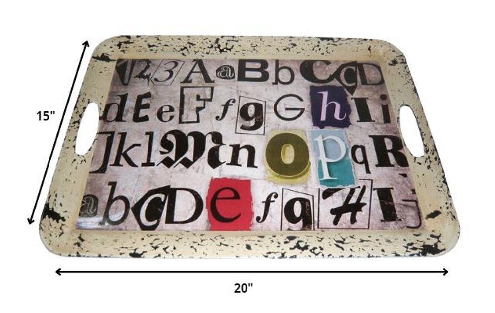 20" White Black Gold and Red Metal Abstract Serving Tray