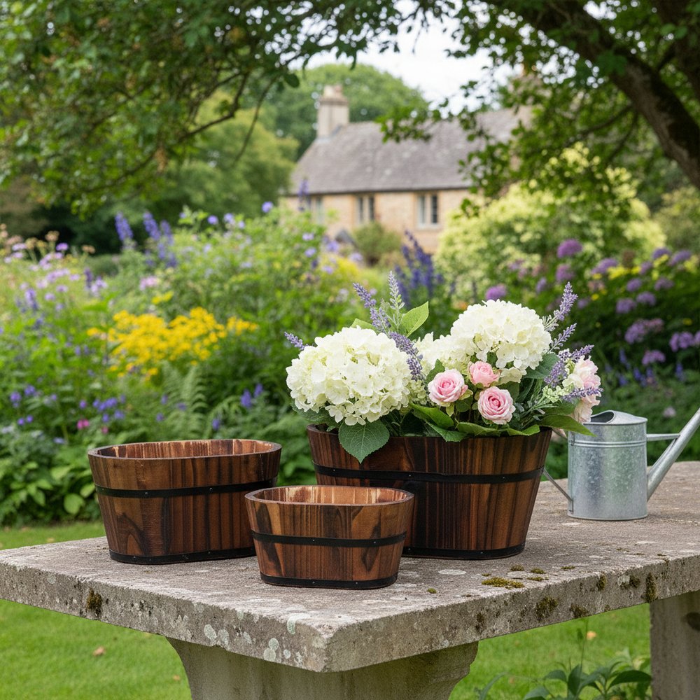 Set of Three Brown Solid Wood Rectangular Pot Planter