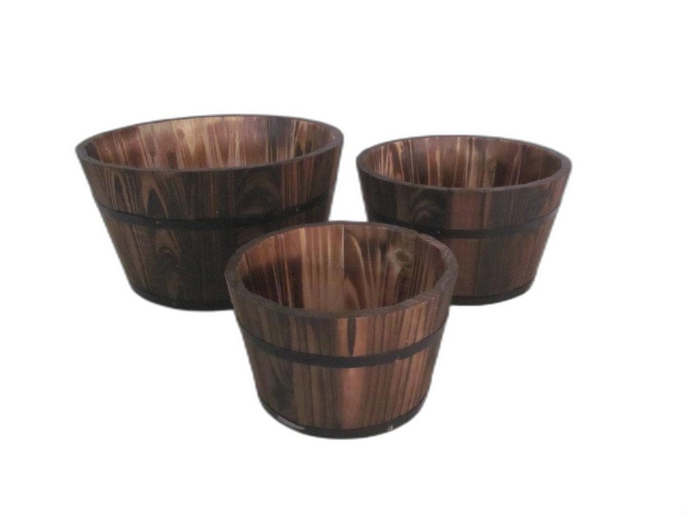 Set of Three Brown Solid Wood Round Pot Planter