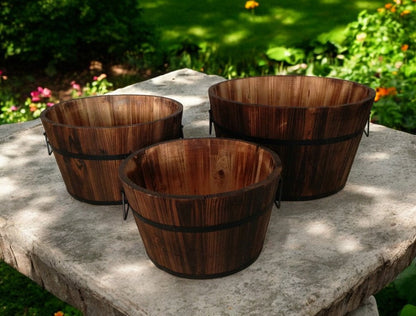 Set of Three Natural Wood Indoor Outdoor Round Pot Planters