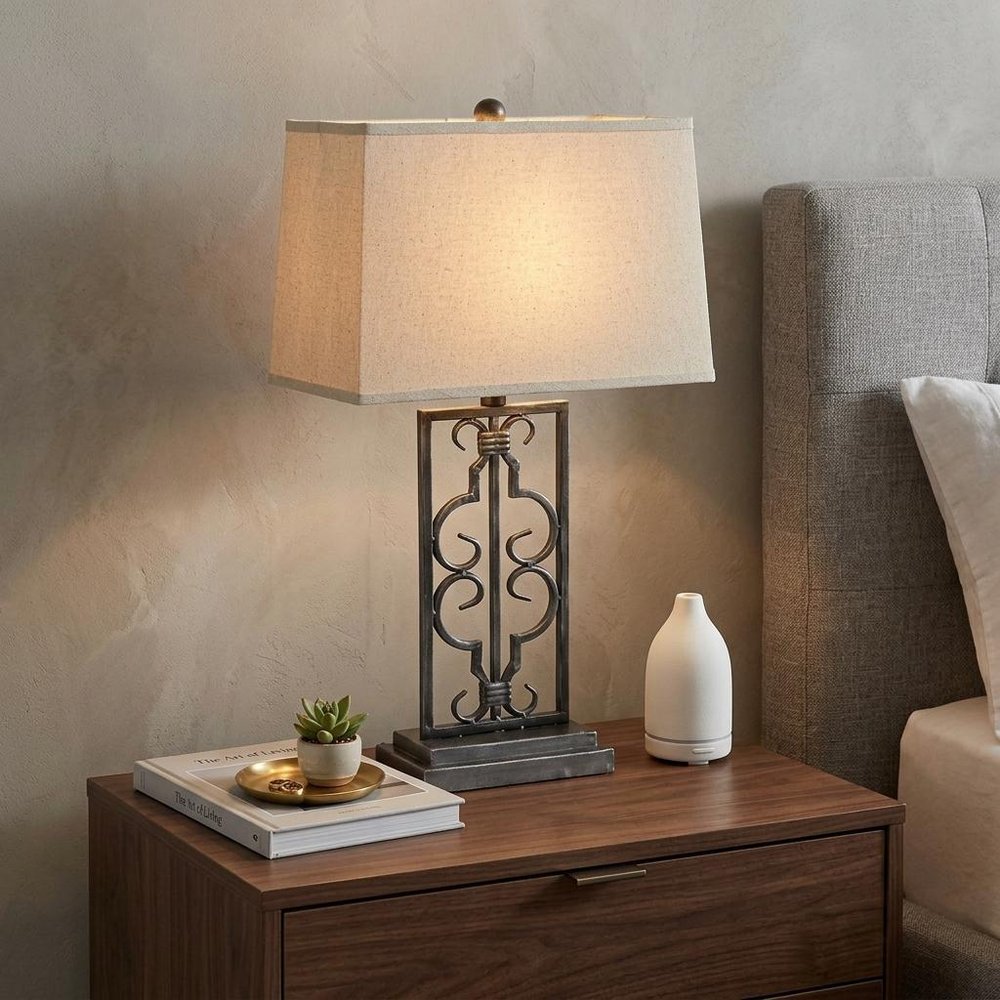 29" Distressed Gray Metal Bedside Lamp With Beige Shade