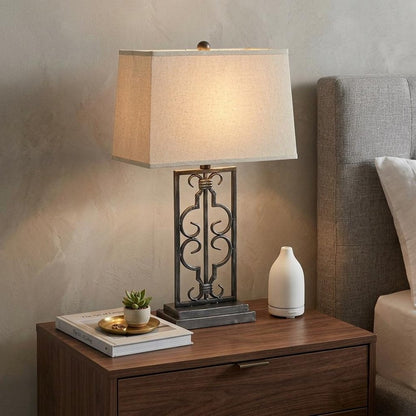 29" Distressed Gray Metal Bedside Lamp With Beige Shade