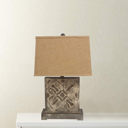 25" Distressed Brown Metal Bedside Lamp With Khaki Shade