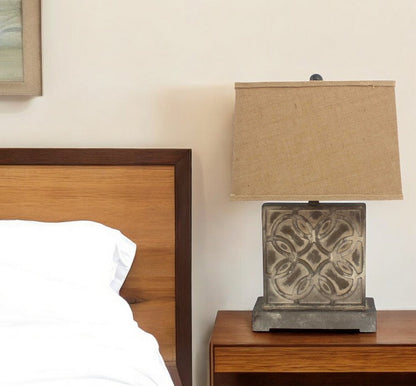 25" Distressed Brown Metal Bedside Lamp With Khaki Shade