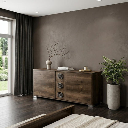66" Brown Wood Three Drawer Double Dresser