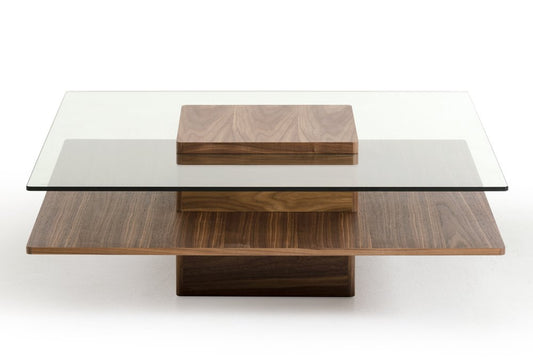 39" Clear and Brown Glass and Wood Pedestal Coffee Table With Shelf