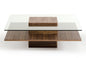 39" Clear and Brown Glass and Wood Pedestal Coffee Table With Shelf